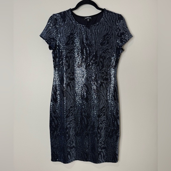 Y2K Bebe Metallic Embellished Zebra Print Short Sleeve Bodycon Dress Blue Black - Picture 1 of 11